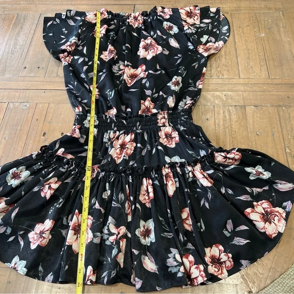 Misa Los Angeles Cecelia Black Floral Mini Dress Small Ruched V-neck Feminine